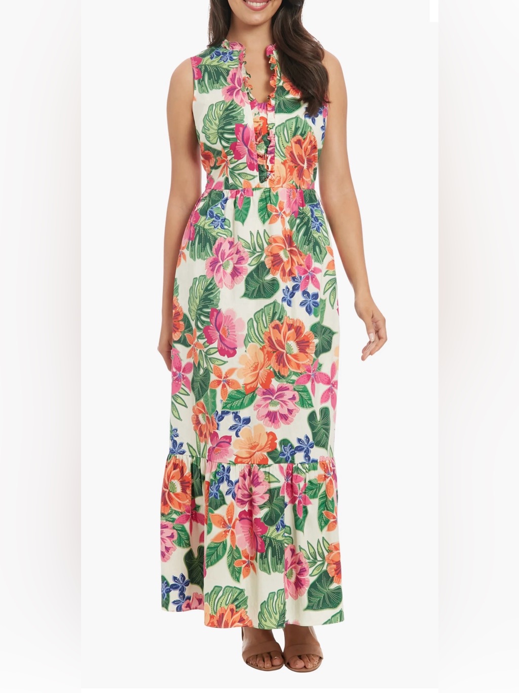 London Times Cream Floral Maxi Dress With Pink, Orange & Green